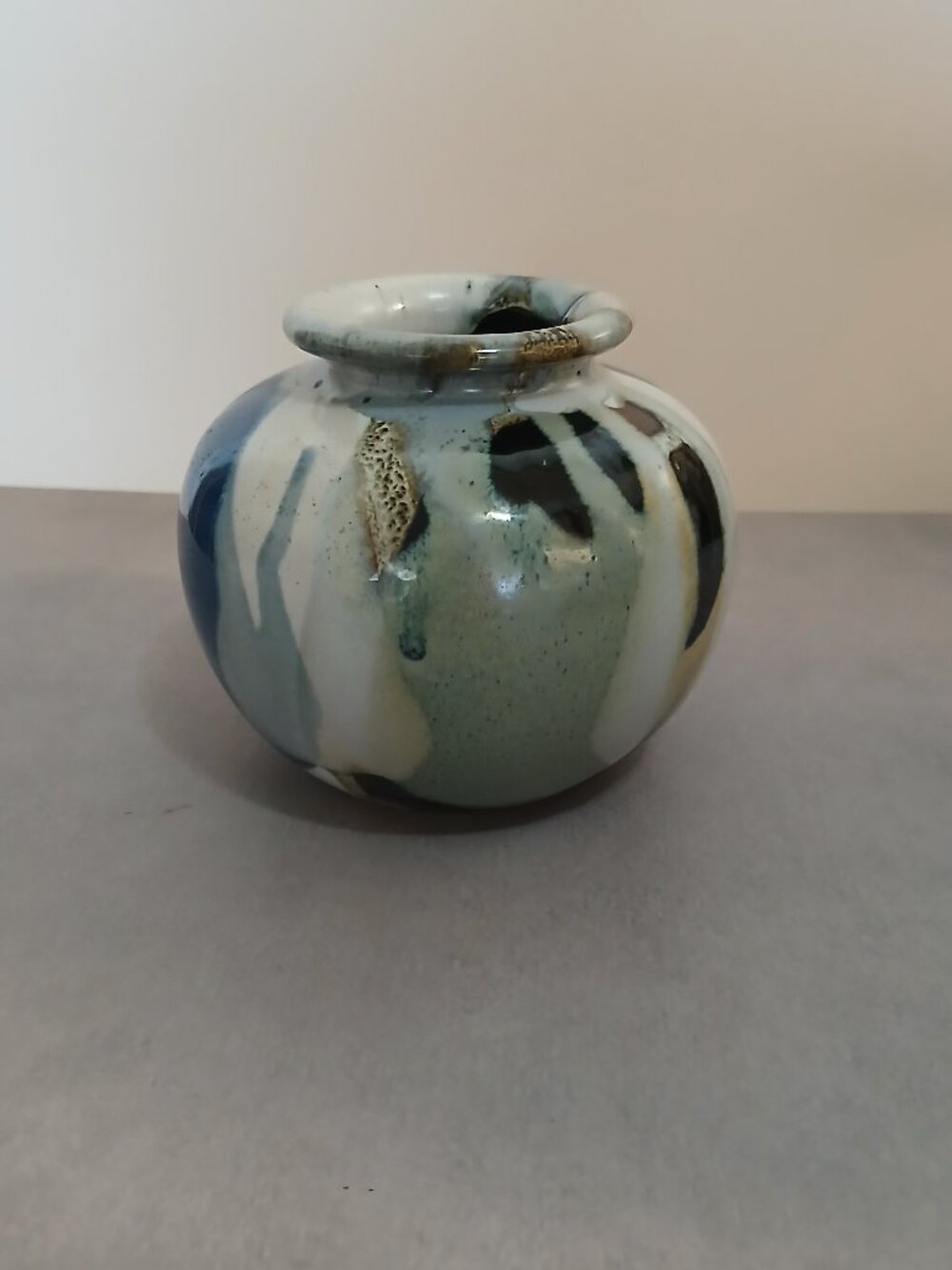 Handmade Studio Art Pottery-Drip Glaze in Blue-Small Belly Vase